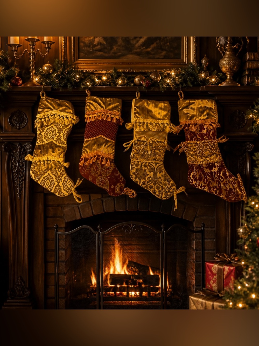 Victorian Set Of 4 Vintage Gold & Red Christmas Stockings Tassel & Cord Detail